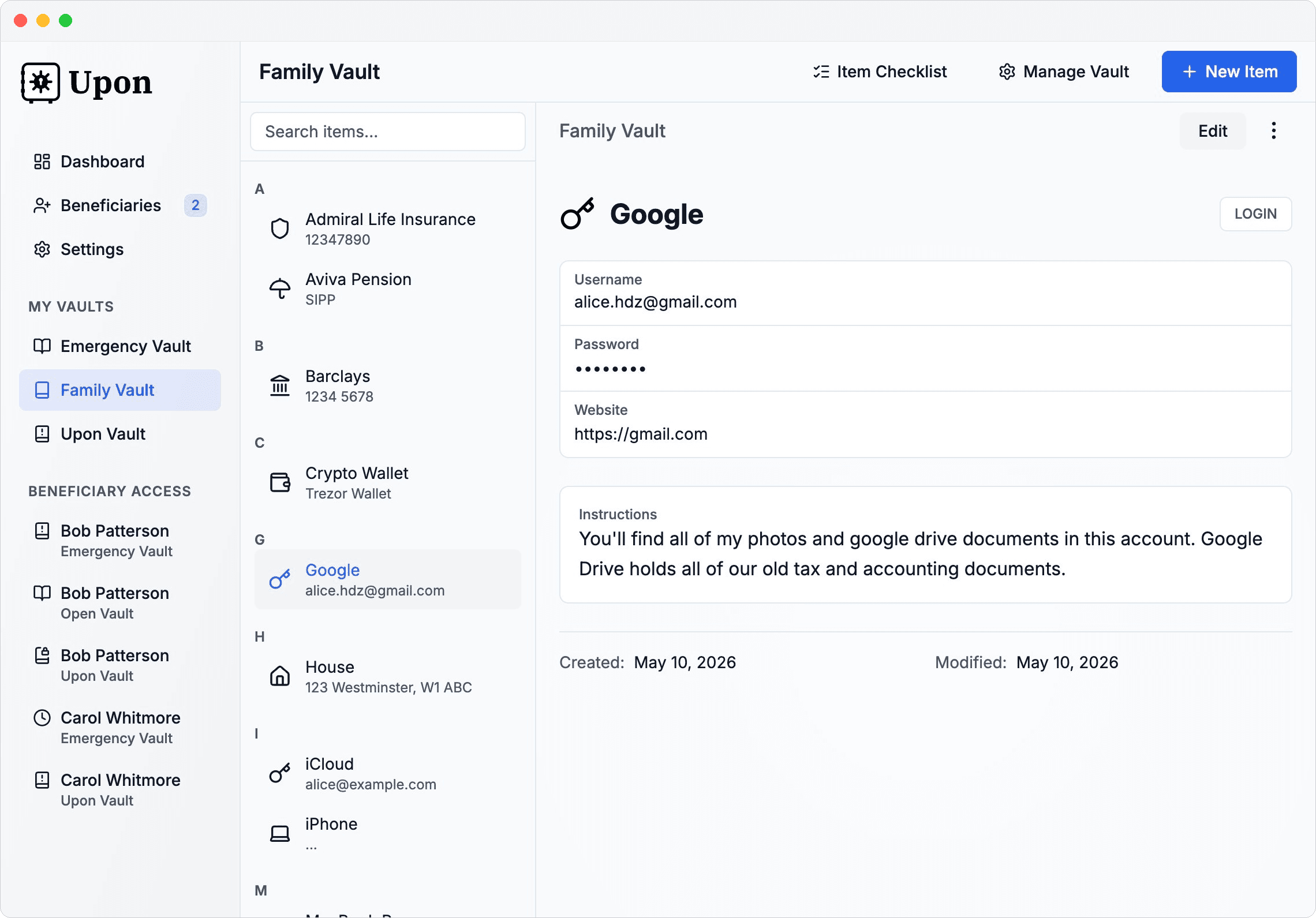 Upon Family Vault: encrypted vault for clients and beneficiaries