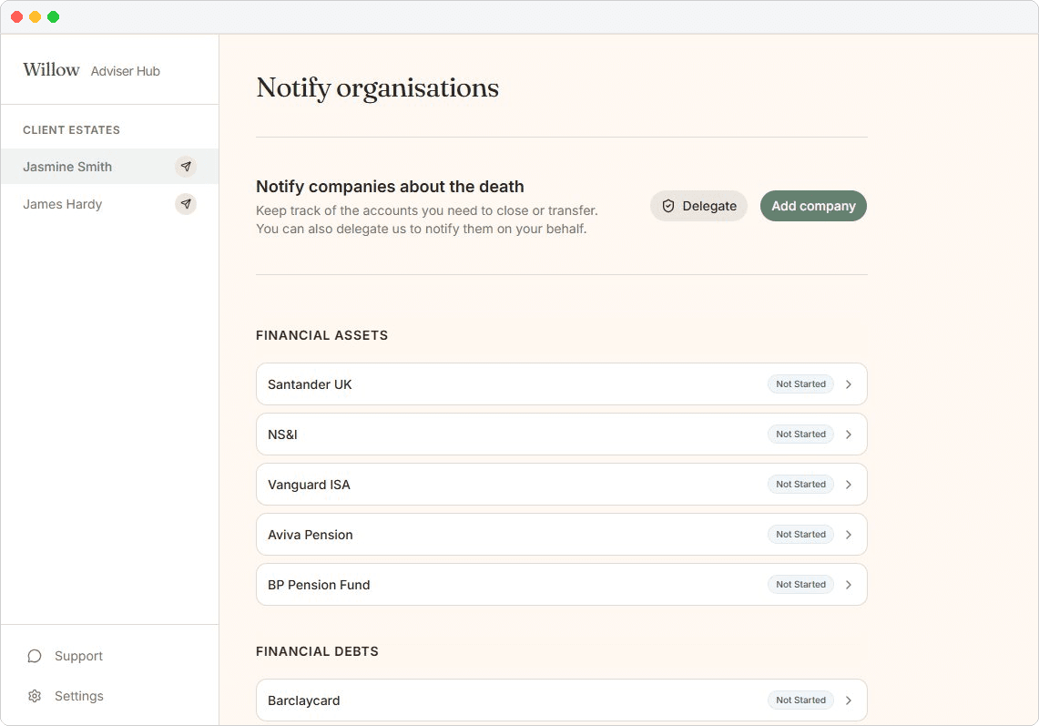 Willow Adviser Hub: notify organisations after a client's death
